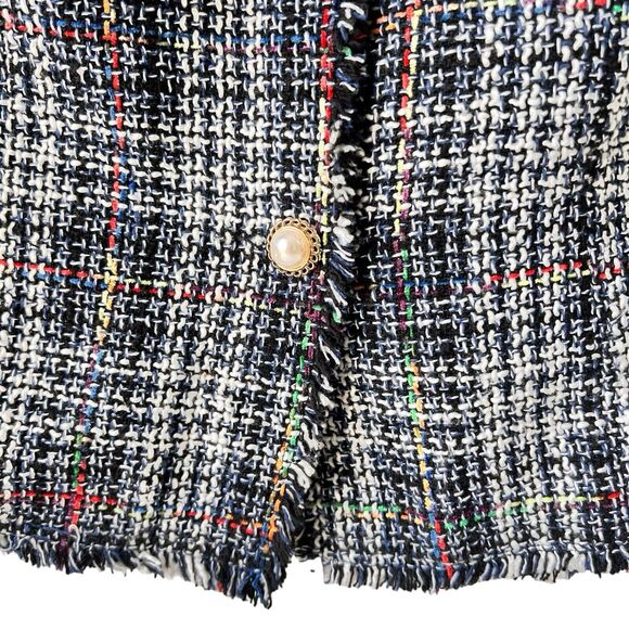 Fringed Plaid Jacket Boucle Women S Blue White Blazer Classic Professor Academia - Picture 5 of 16